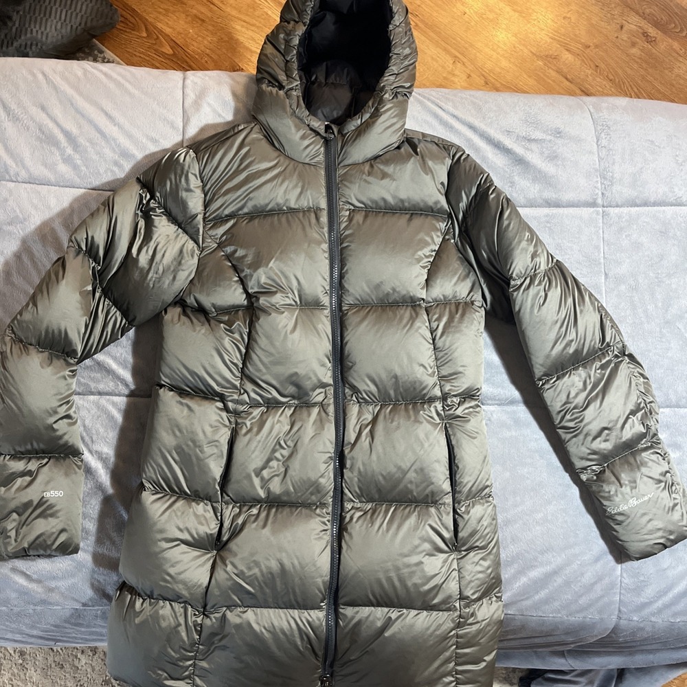 EDDIE BAUER‎ WOMEN'S PUFFER JACKET M GRAYWITH HOOD, DOWN EB 550 POWER LUNA PEAK